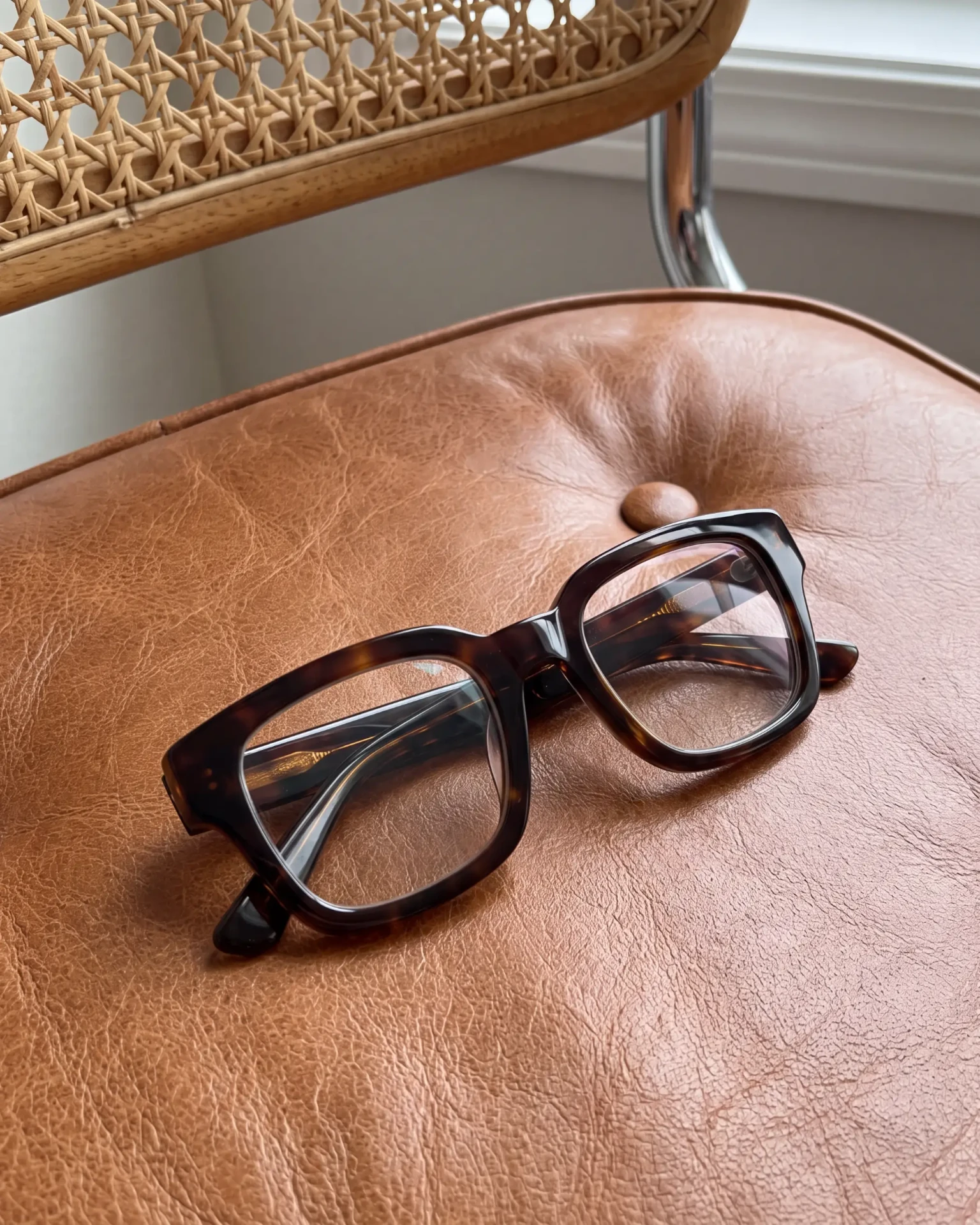 Tortoiseshell-glasögon på läderstol — Frame Affair Archive second hand